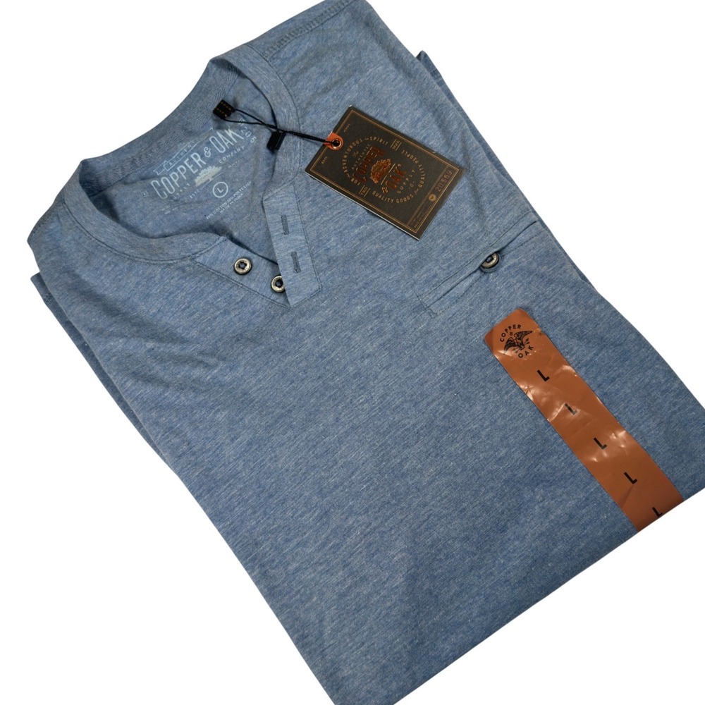 Copper & Oak Henley Shirt New Blue‎ Heather Cotton Blend Pocket Large Y7141J
